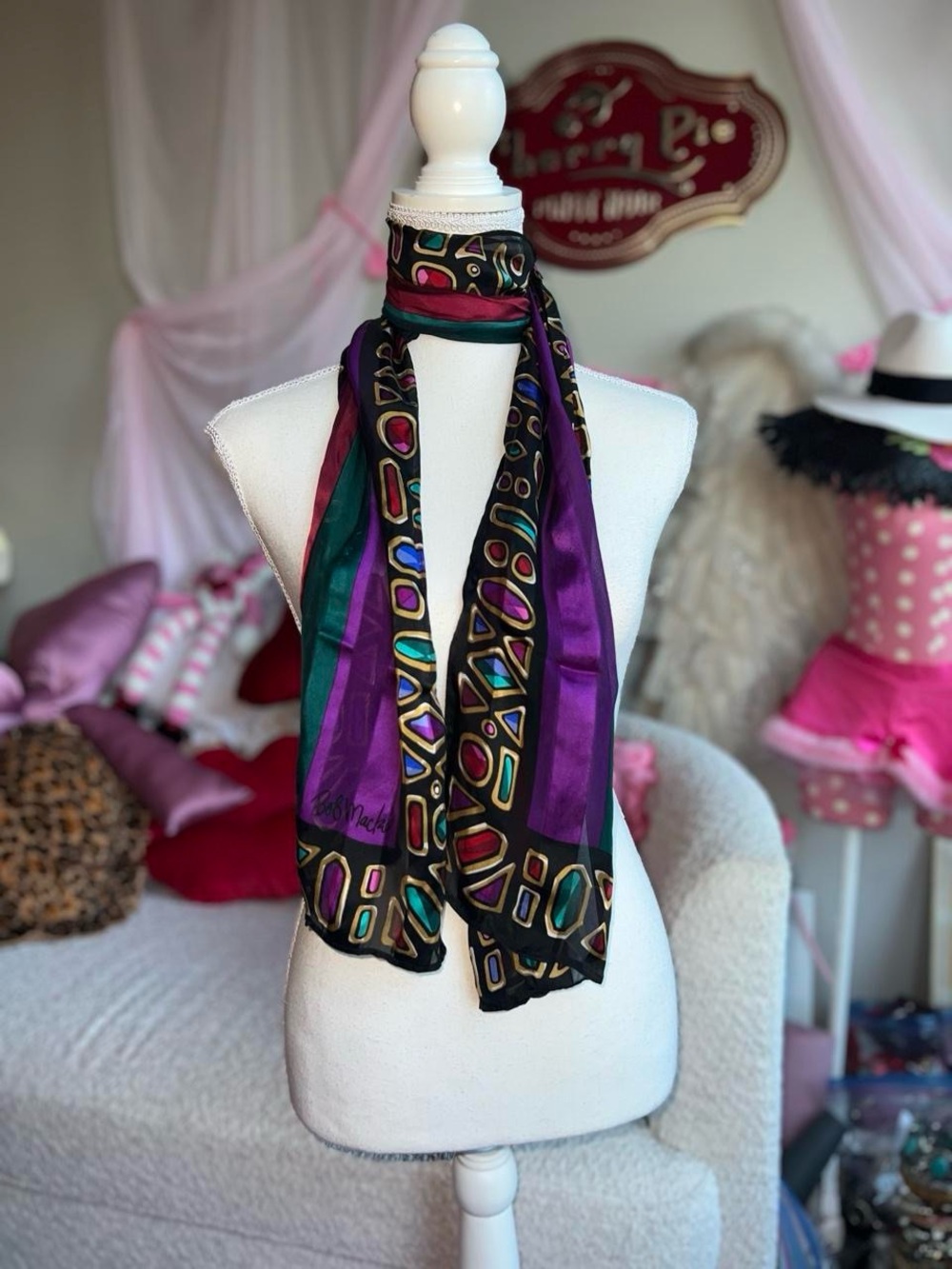 Bob Mackie 100% silk Purple, green, and black silk scarf